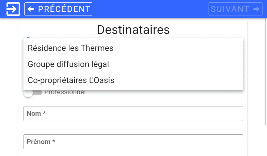 Application My Digital Registered Letter - Ecran destinataires Ecran de configuration My Digital Registered Letter destinataires